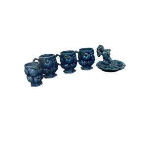 Vintage Inarco Blue Grape Mugs Set‎ w Cherub Tray Japan